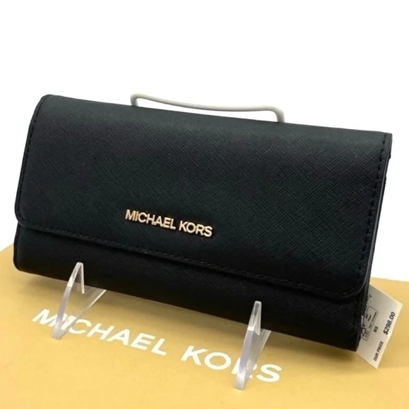 Michael Kors Large Jet Set Travel Trifold Wallet Black/Gold - Picture 2 of 7